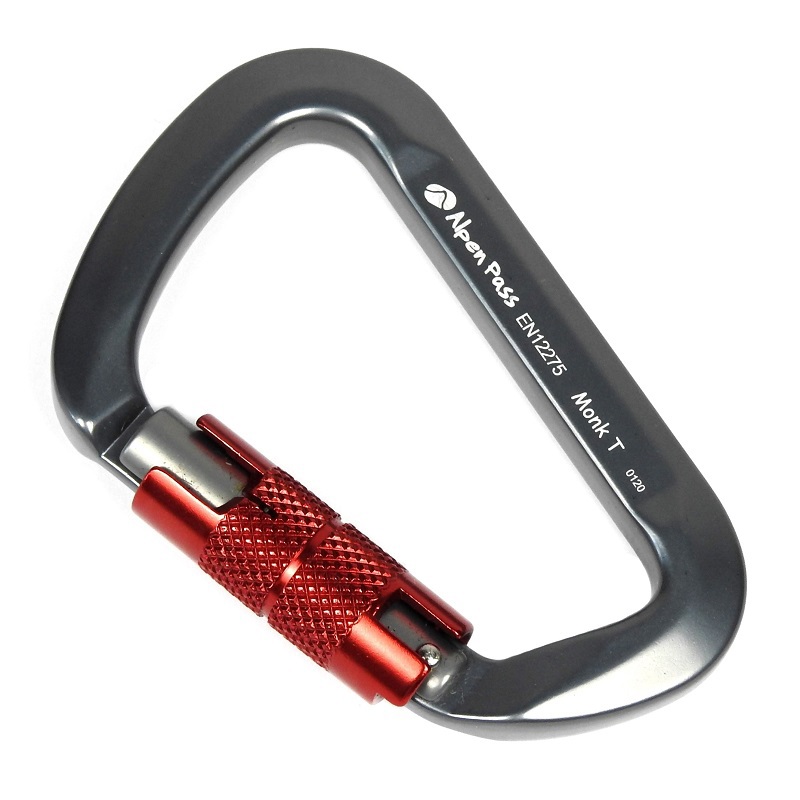 MOSQUETÃO D ASSIMÉTRICO TRAVA AUTOMÁTICA GATILHO KEYLOCK CINZA E VERMELHO MONK T 36KN EN