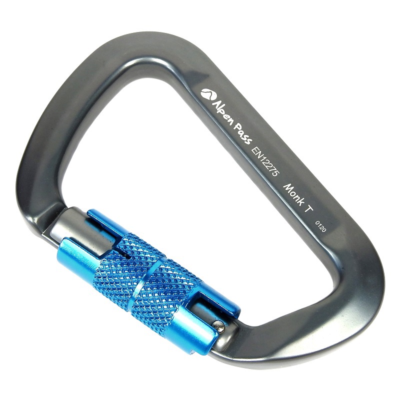 Mosquetão D Assimétrico Trava Automática Gatilho Keylock Cinza e Azul MONK T 36kN EN