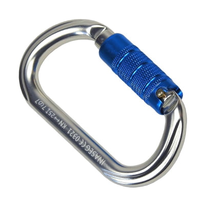   Mosquetão Oval Alumínio Trava Automática Tripla 25kN Gatilho Keylock Polido com Azul CE 0321