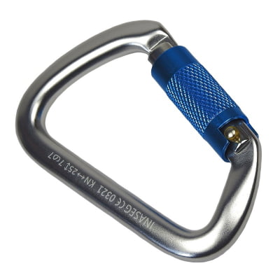 Mosquetão D assimétrico alumínio 25kN trava automática dupla keylock polido com trava azul CE 0321 Mosquetão D assimétrico alumínio 25kN trava automática dupla keylock polido com trava azul CE 0321