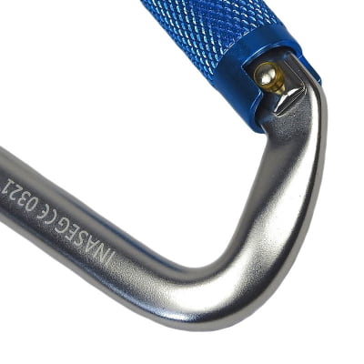  Mosquetão D assimétrico alumínio 25kN trava automática dupla keylock polido com trava azul CE 0321