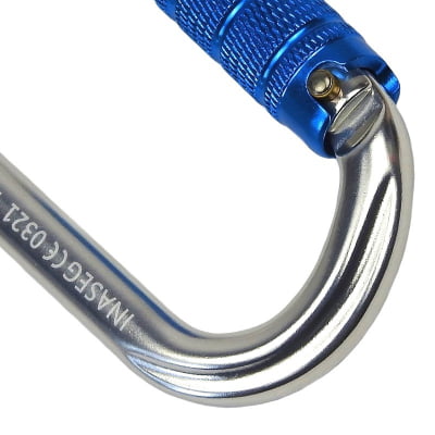   Mosquetão Oval Alumínio Trava Automática Tripla 25kN Gatilho Keylock Polido com Azul CE 0321